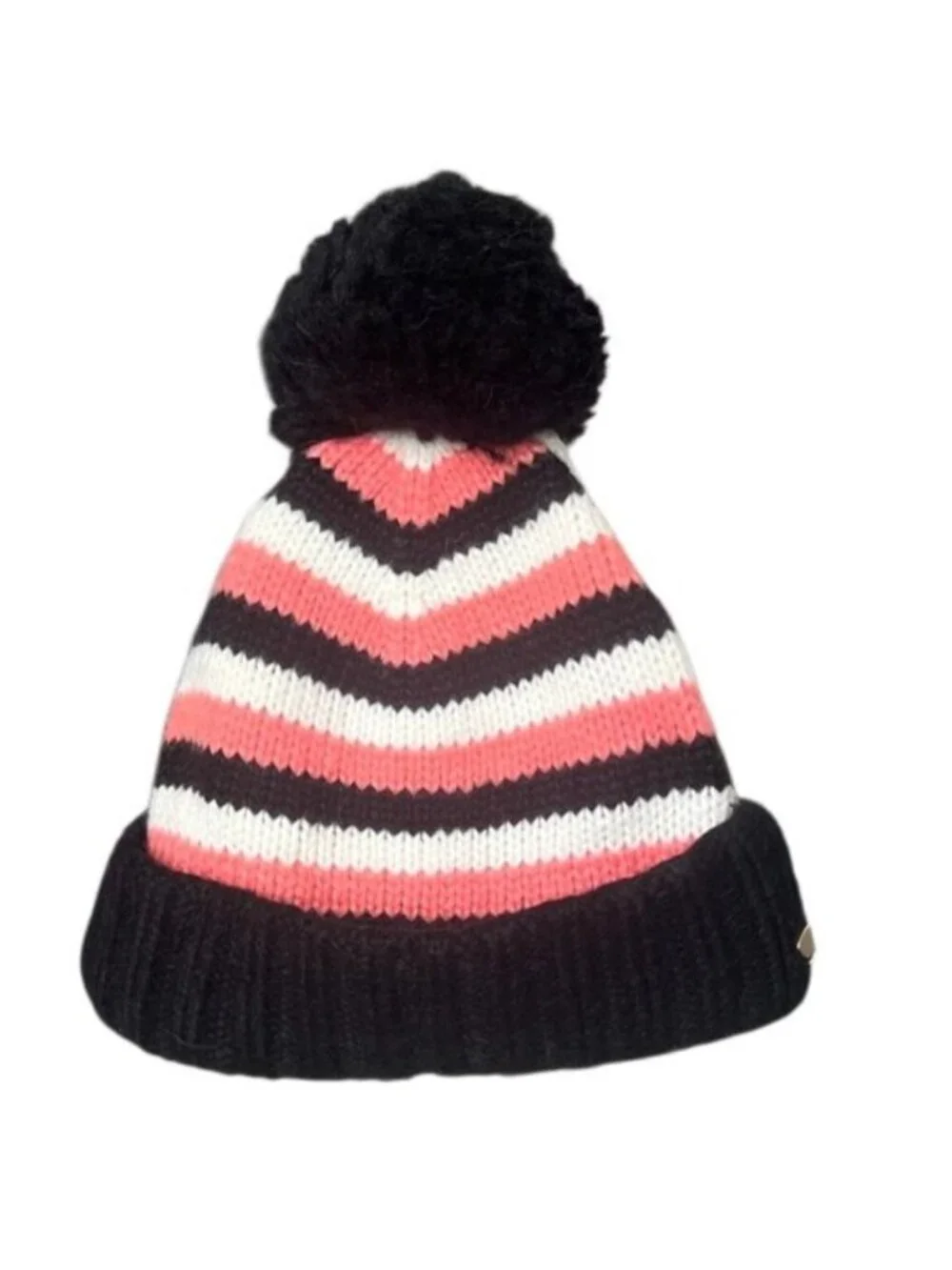 Kate Spade Heritage Pink, Ivory and Black Stripe Cuff Logo Pom Pom Beanie NWOT